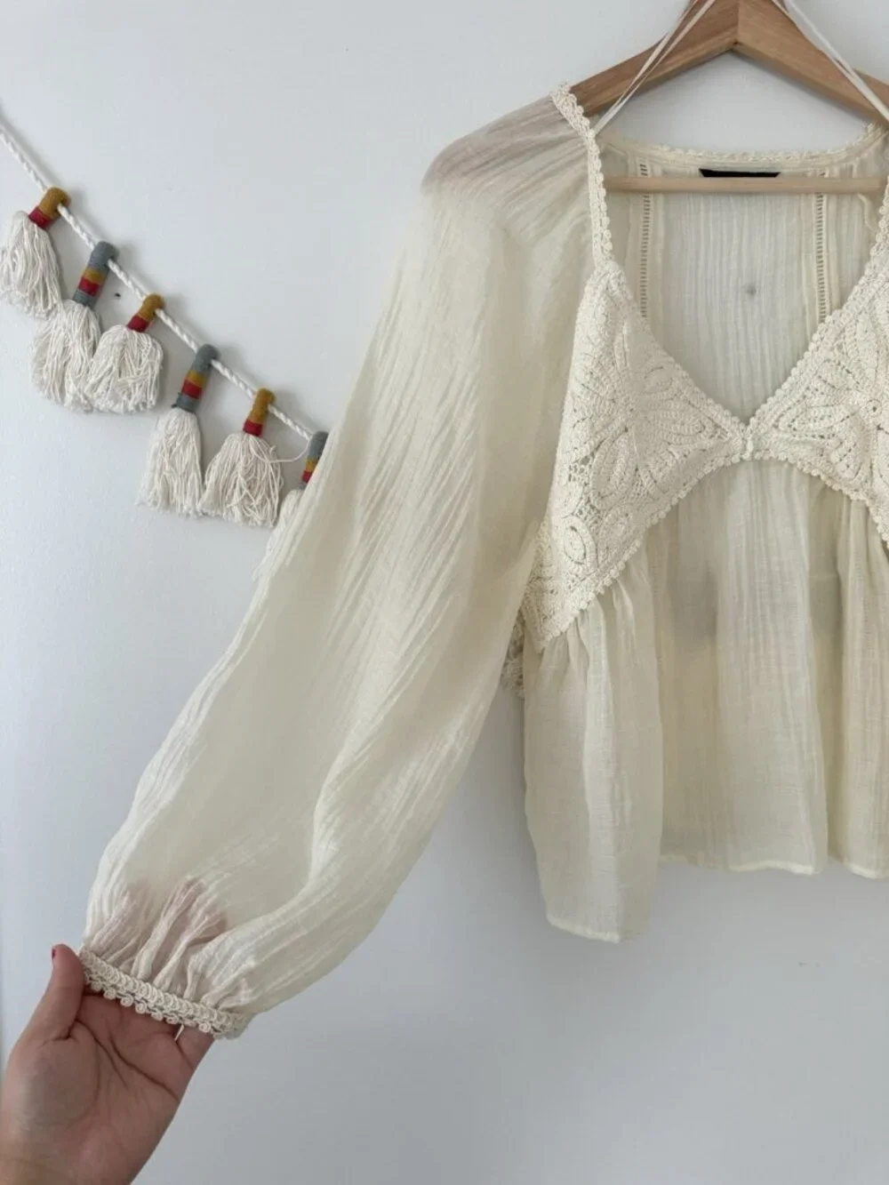 Zara Crochet Contrast Sheer Babydoll Blouson Top In Ecru Ivory Cottage Dainty S